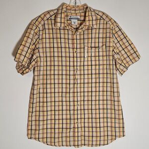 Columbia Shirt Mens Medium Orange Blue Plaid Button Outdoor Casual Short Sleeve